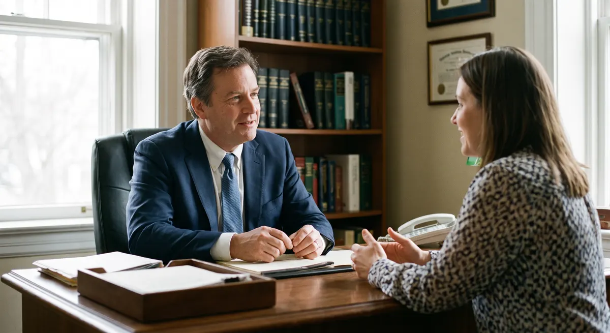 Attorney meeting a new client for a consultation — Rinqly's legal intake answering service captures case details before the first meeting