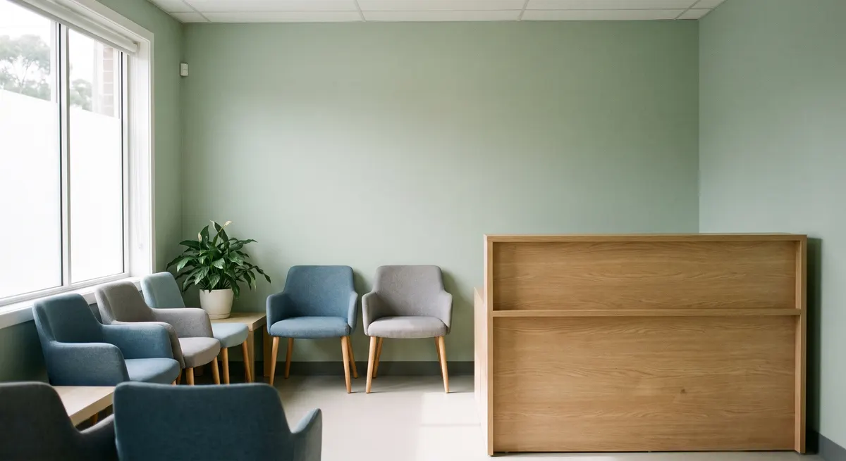Empty medical clinic waiting room after closing — an after-hours medical answering service answers patient calls when the clinic is closed
