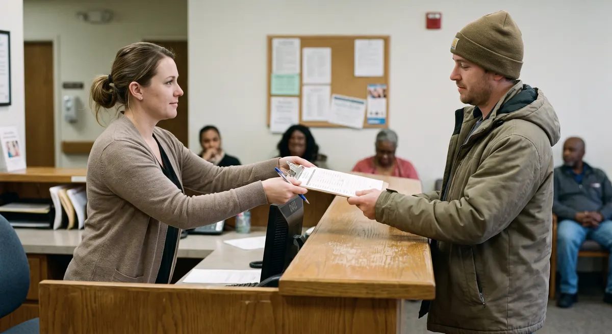 Medical receptionist checking in a patient at a busy front desk with a full waiting room — an answering service for medical offices catches the calls the desk can't
