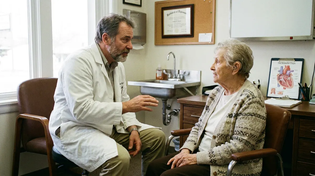 Doctor discussing results privately with an elderly patient — Rinqly is a HIPAA-aware medical answering service that protects patient information on every call