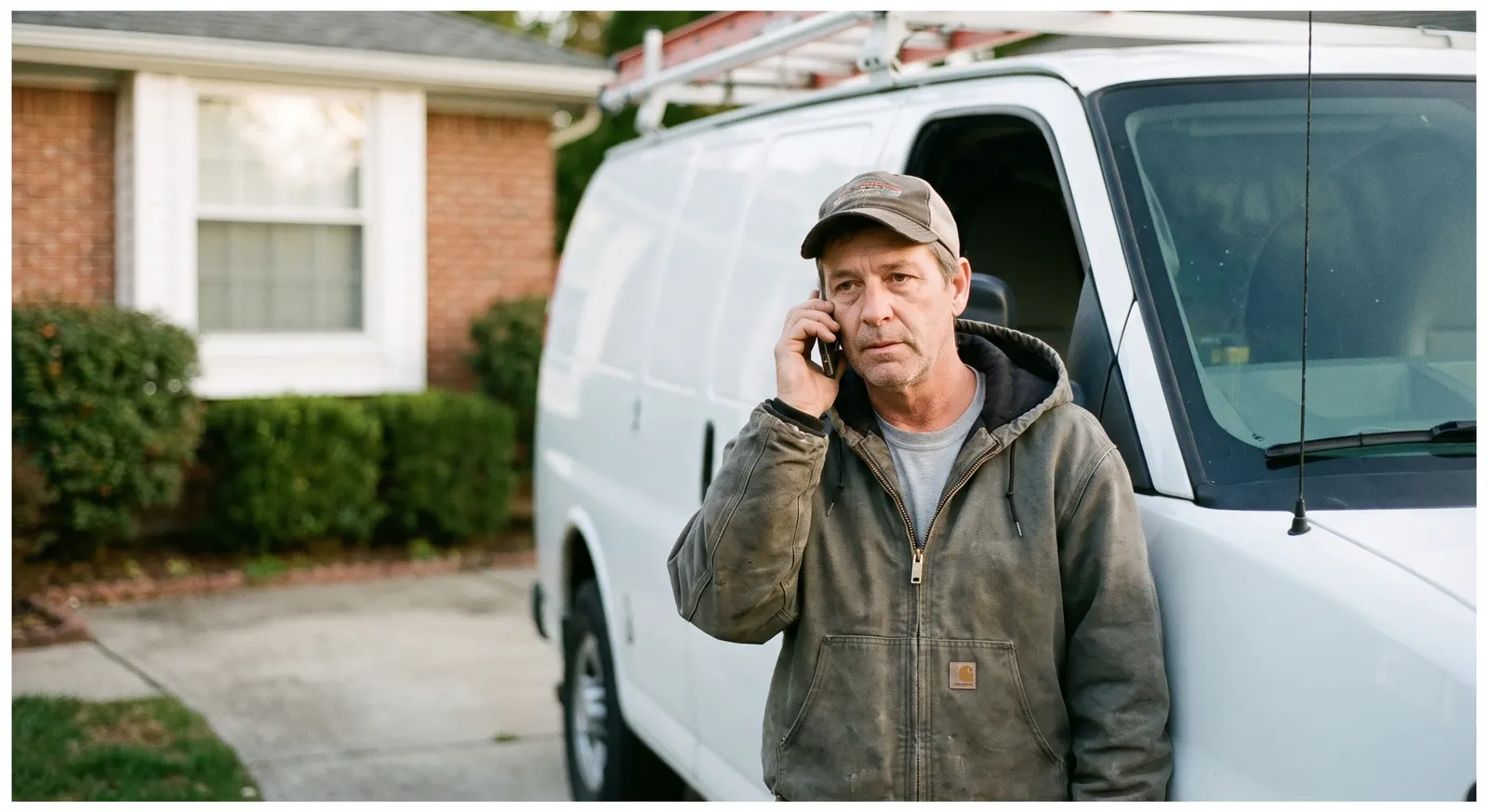 Pest control technician taking a customer call by his service van — Rinqly's AI pest control answering service picks up every call while techs are on the job