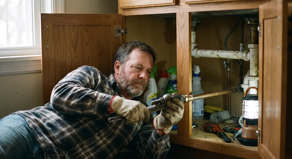 Plumber lying under a kitchen sink tightening a fitting by work light — an answering service for plumbers captures the next caller mid-job