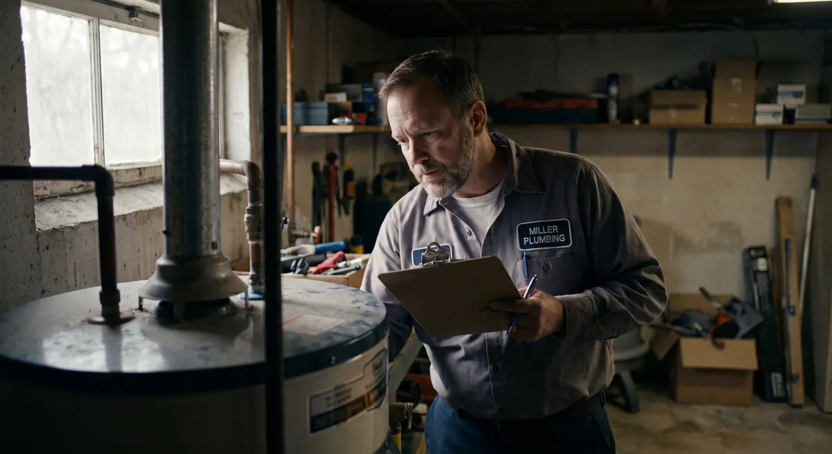 Plumber checking a residential water heater with a clipboard in hand — emergency plumbing calls are triaged and passed on straight away