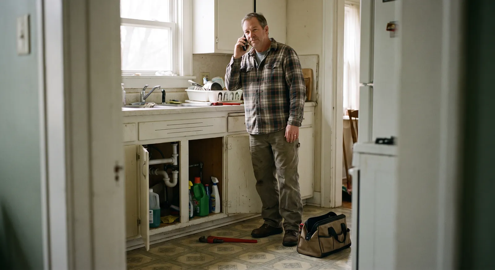 Plumber standing beside an open sink cabinet in a customer's kitchen taking a call — Rinqly's plumbing answering service answers while your hands are full
