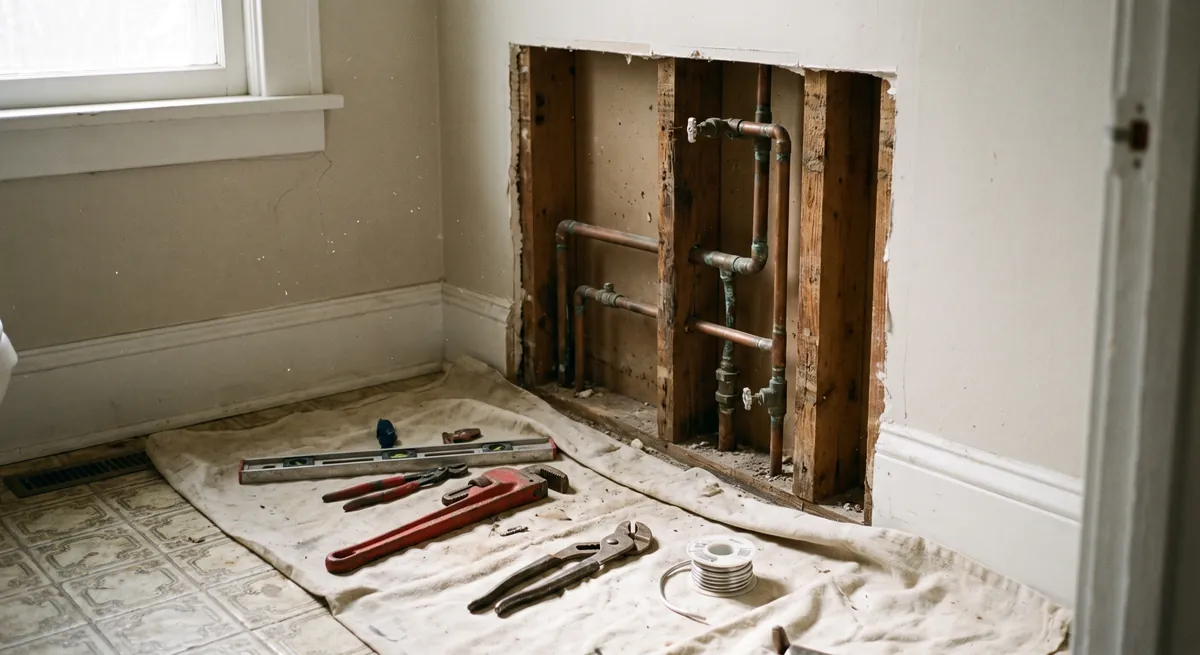 Open bathroom wall with exposed copper pipes and tools laid on a drop cloth — burst-pipe callers reach a real conversation, not an answering machine