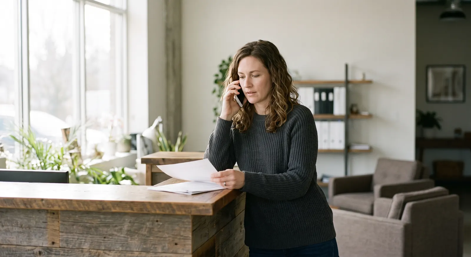 Property manager taking a tenant call at her desk — Rinqly's AI property management answering service answers every call 24/7