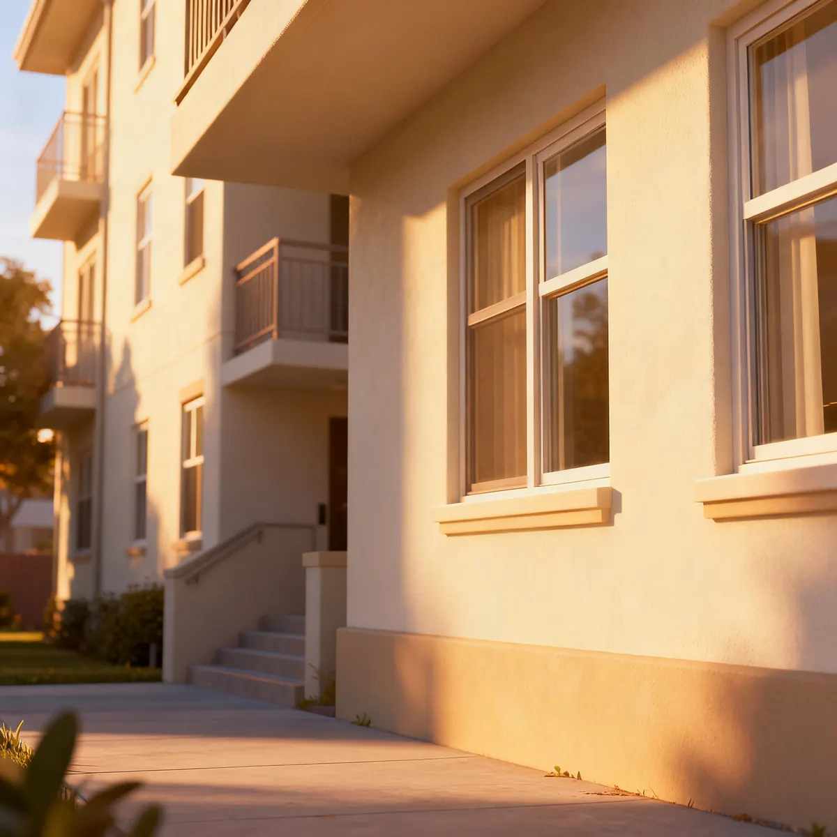 Apartment building exterior at golden hour — a property management call answering service books viewings and screens prospective tenants