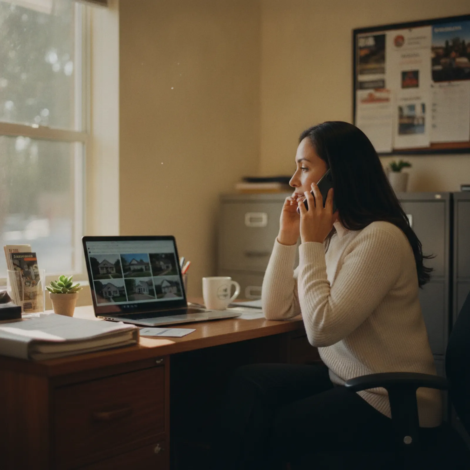 Real estate agent taking a buyer call at her desk while reviewing listings — Rinqly's AI real estate answering service answers every call 24/7