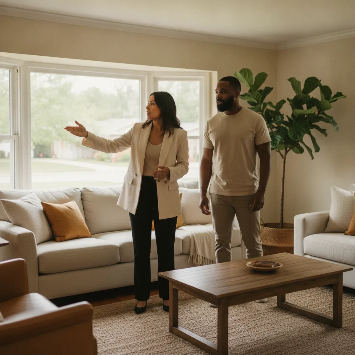 Real estate agent showing a home to a couple, Rinqly works as a virtual receptionist for realtors, booking viewings while you're out showing properties