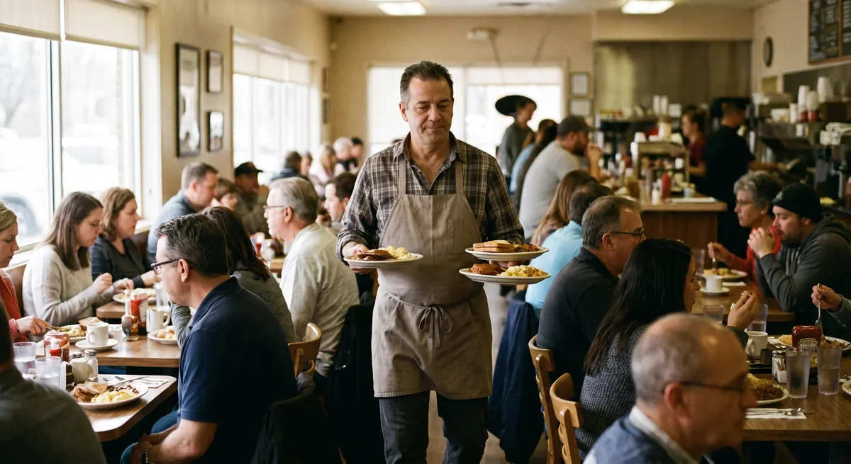 Server carrying plates through a full dining room — an AI receptionist for restaurants handles the phones so staff serve guests, not calls