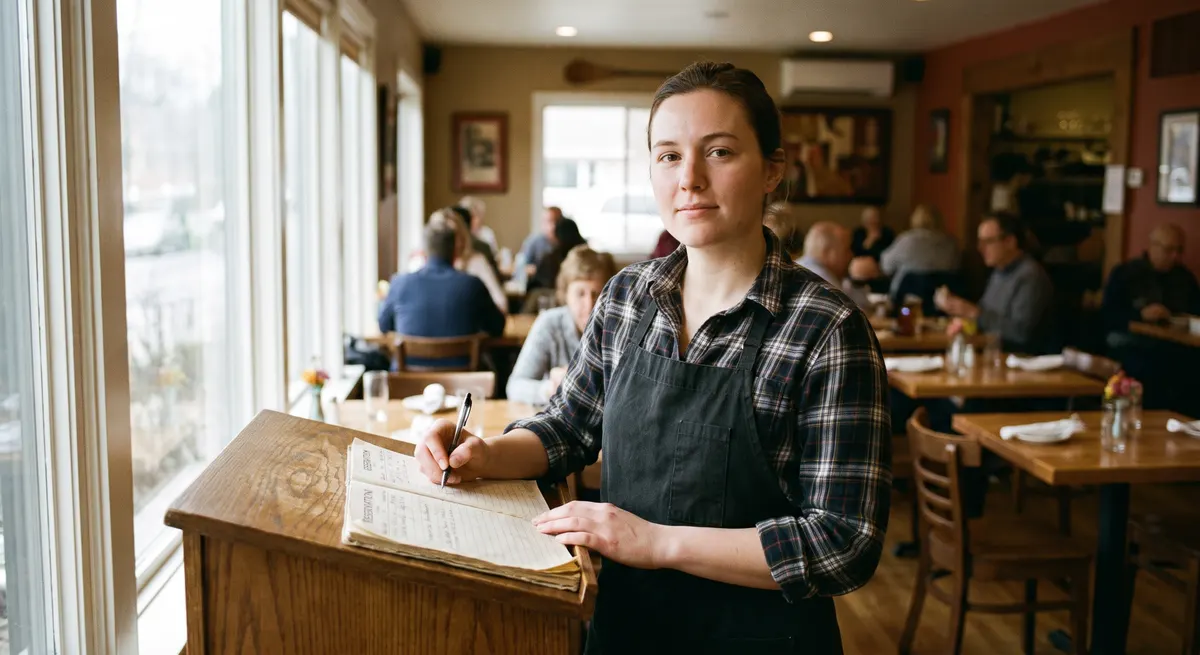 Host writing in the reservation book by the window — a restaurant answering service that captures every booking the dining room can't reach