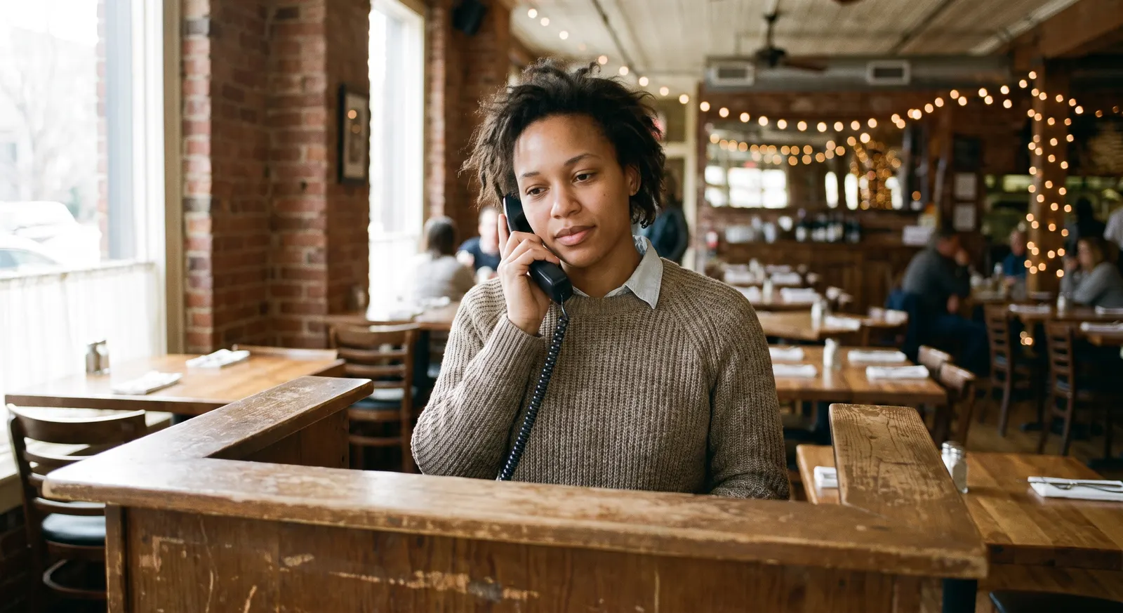 Restaurant host taking a reservation by phone at the host stand during service — Rinqly's AI restaurant phone answering service answers every call