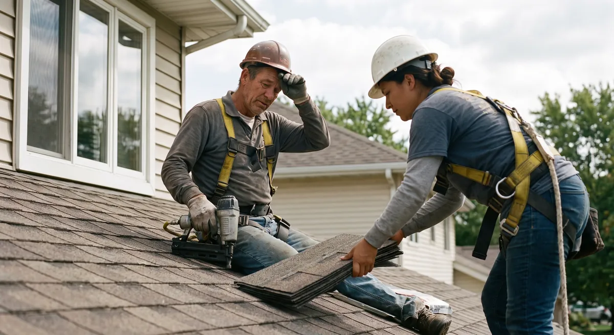 Two roofers in harnesses laying shingles on a residential roof — an answering service for roofing companies keeps booking work while the crew is up top
