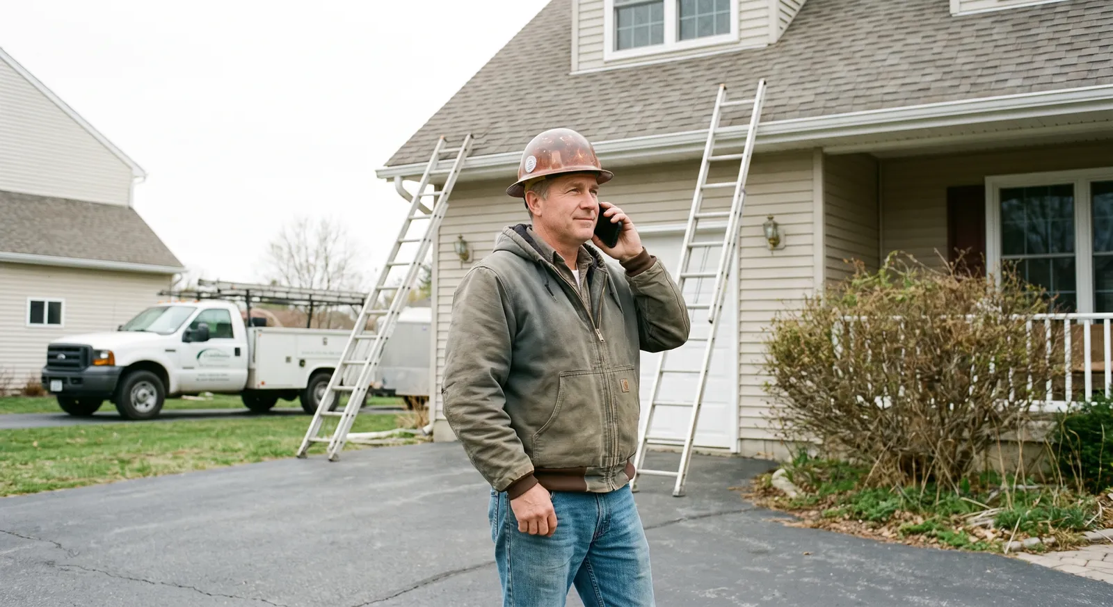 Roofing contractor in a hard hat on the phone beside a ladder in a suburban driveway — Rinqly's roofing answering service takes the call while you're on site