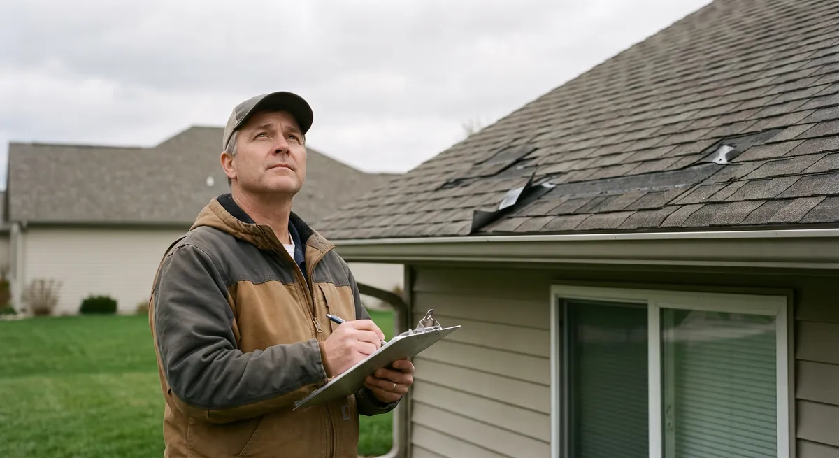 Estimator on a front lawn writing on a clipboard while surveying a damaged roof — every estimate request is captured with the details you need
