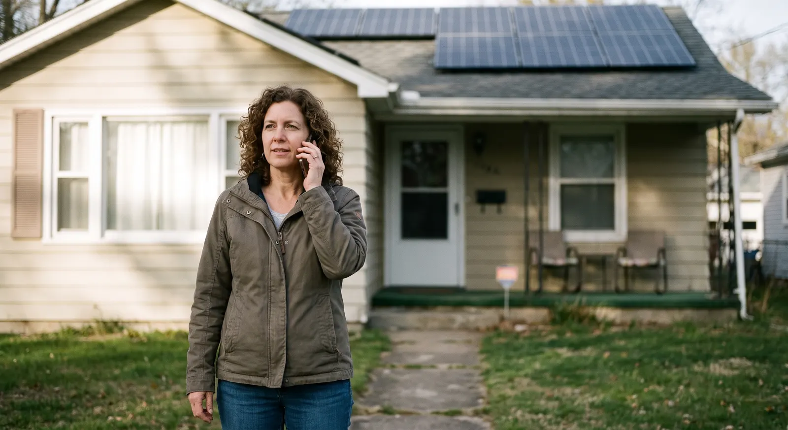 Homeowner on the phone in front of a house with rooftop solar panels — Rinqly handles solar appointment setting and answers every lead 24/7