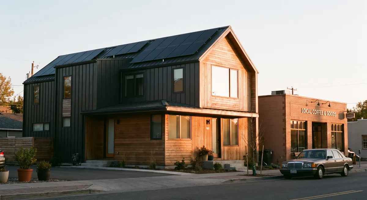 Modern home with a solar panel roof at dusk — an AI solar energy answering service books site assessments around the clock