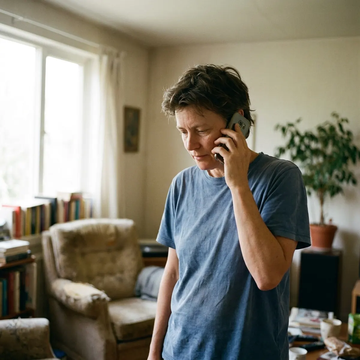 Homeowner on a call at home considering solar — Rinqly handles solar lead qualification, asking the right questions before booking a consult