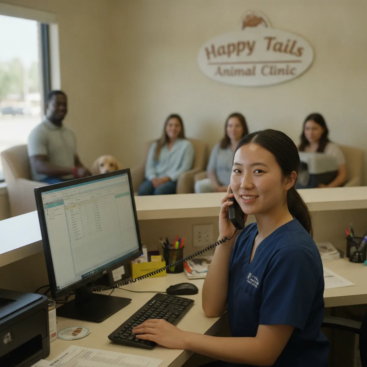 Clinic receptionist answering a pet owner's call at the front desk, a vet answering service that picks up every call while the team cares for animals