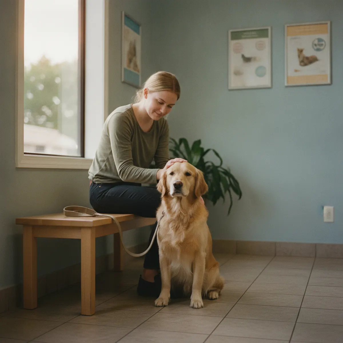 Pet owner comforting a dog in a quiet waiting room — an after-hours veterinary answering service that reassures worried clients when the clinic is closed
