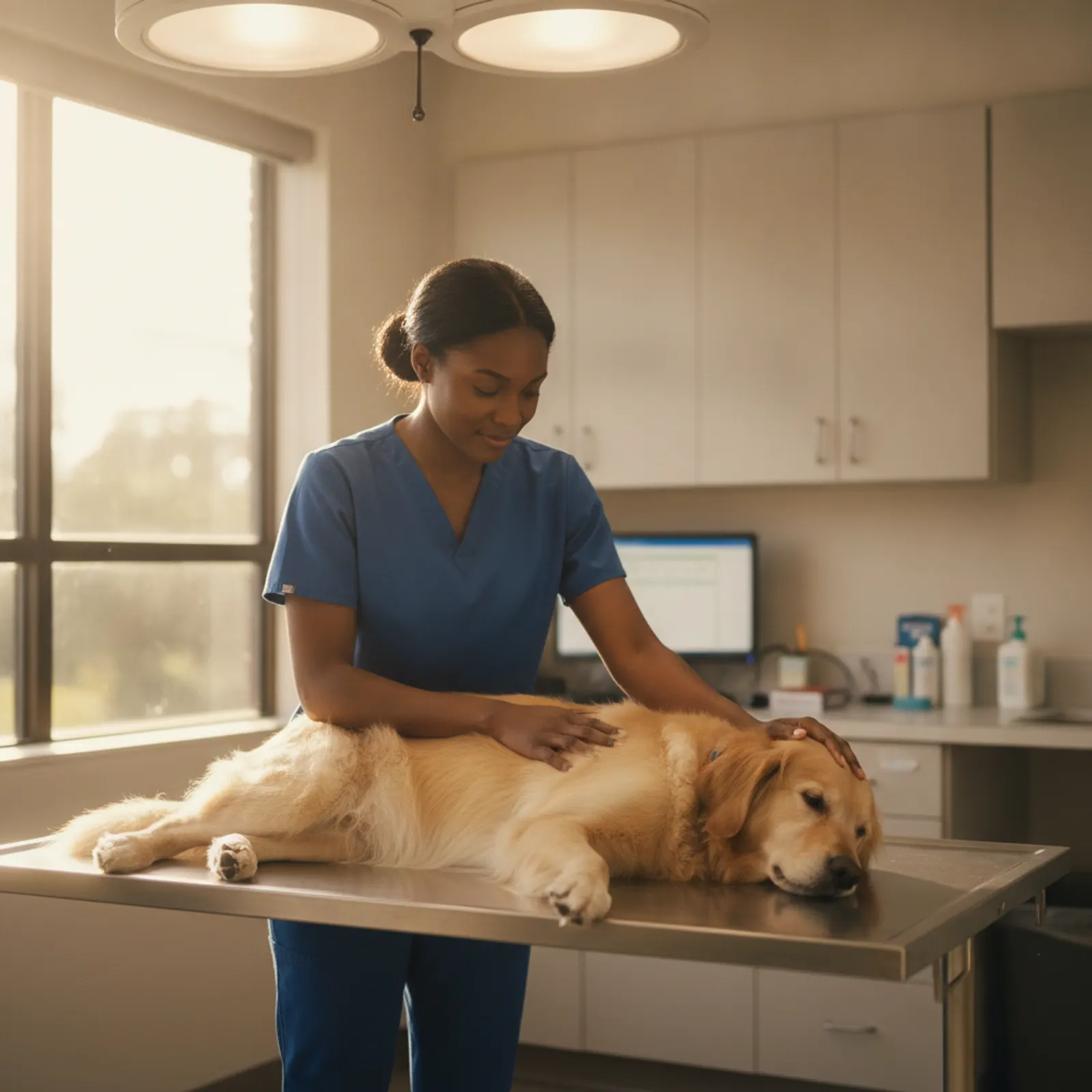 Veterinary technician examining a golden retriever on the exam table — Rinqly's AI veterinary answering service handles the phones so staff can focus on the pet
