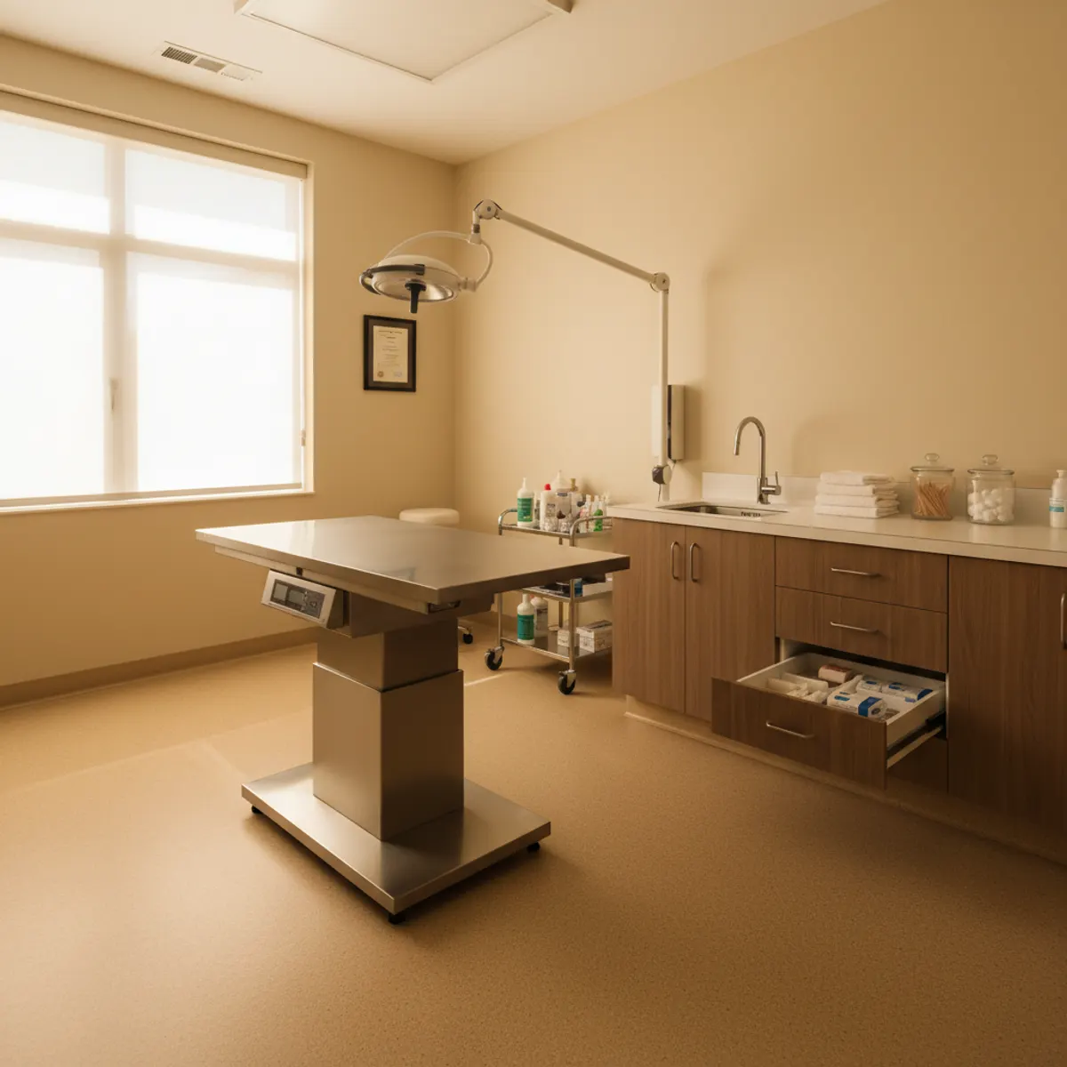 Empty veterinary exam room ready for an urgent case: a veterinary emergency answering service that triages and routes true emergencies to the on-call vet