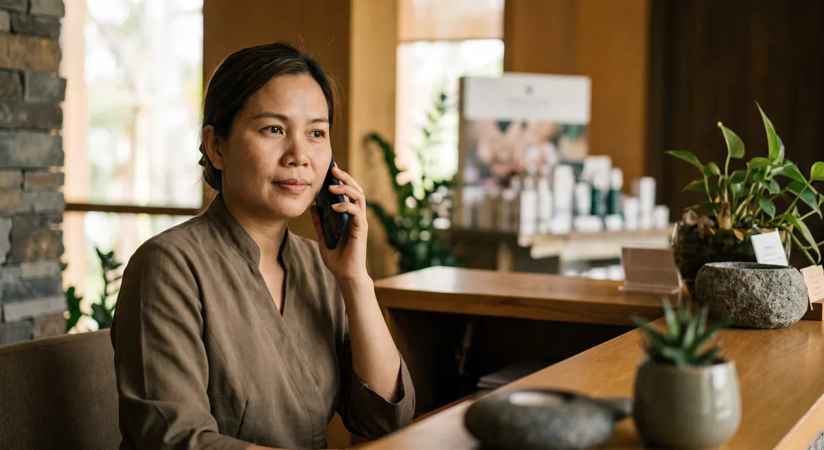 Spa therapist taking a booking call at reception — a day spa answering service that captures every appointment while staff are with guests