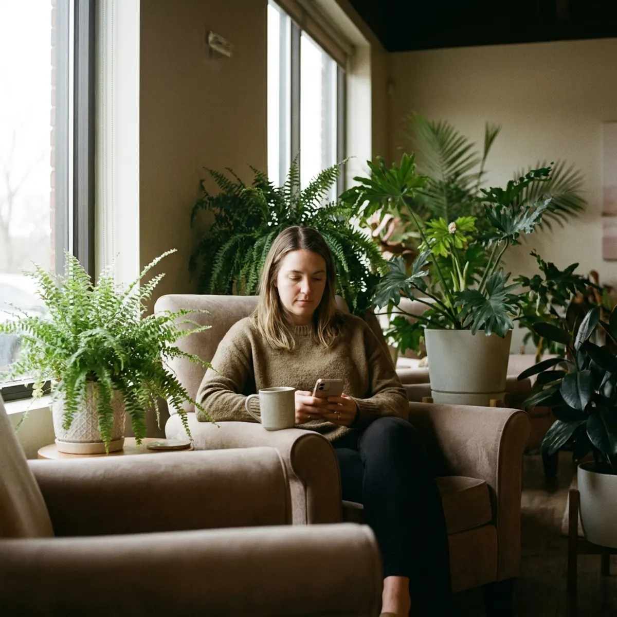 Client relaxing in a plant-filled spa lounge — a med spa answering service that books treatments and answers questions around the clock