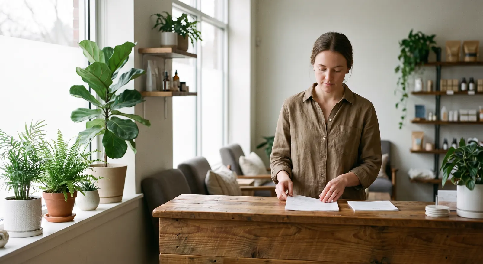 Spa receptionist at a calm wooden front desk surrounded by plants — Rinqly's AI spa answering service answers every client call 24/7