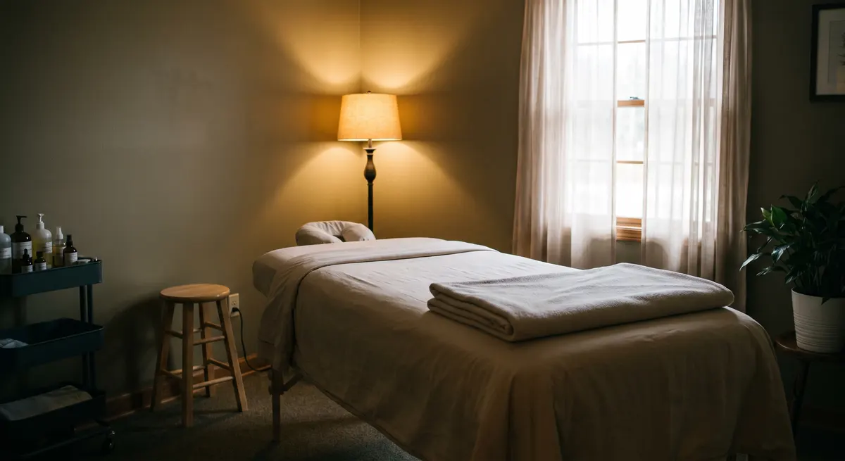 Serene spa treatment room with massage table and soft lighting — Rinqly handles spa appointment booking so no treatment slot sits empty